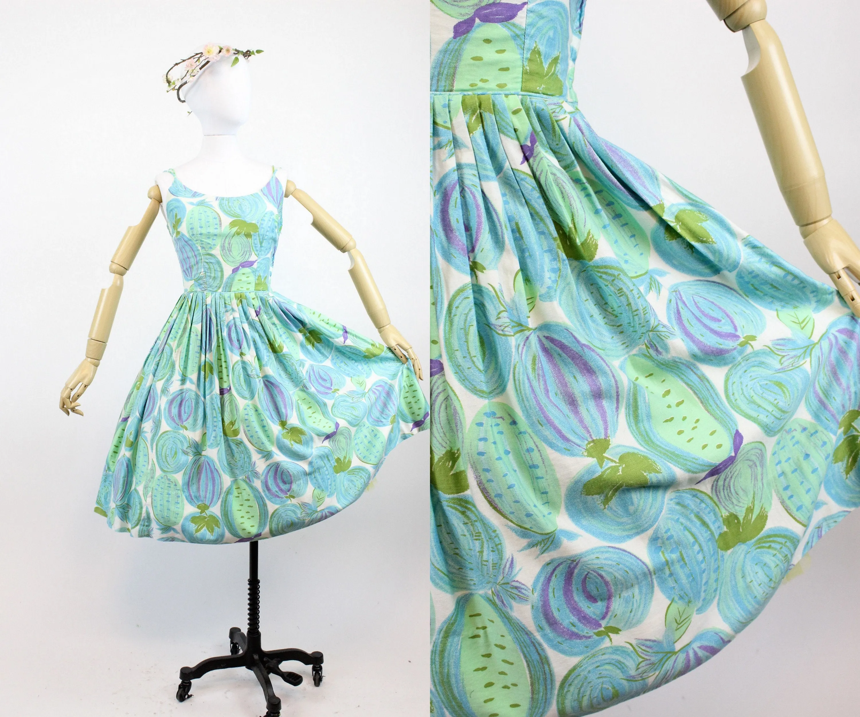 1950s FRUITS AND VEGES cotton novelty print dress xs | new spring summer