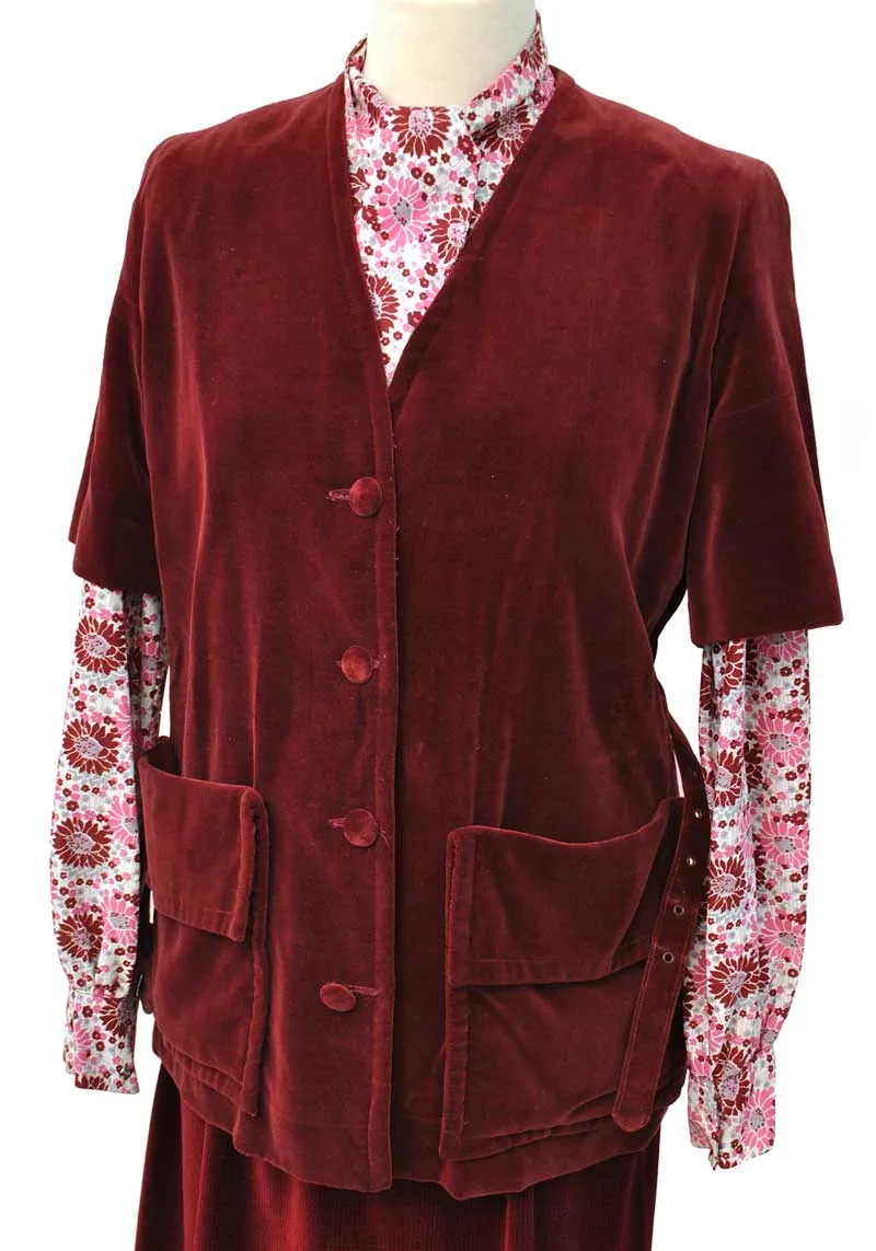 1970s Vintage Burgundy Velvet Jacket • Matching Pink Floral Blouse