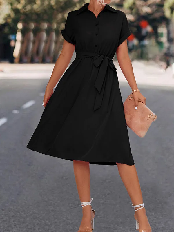 A-Line High Waisted Buttoned Solid Color Tied Waist Lapel Collar Midi Dresses Shirt Dress