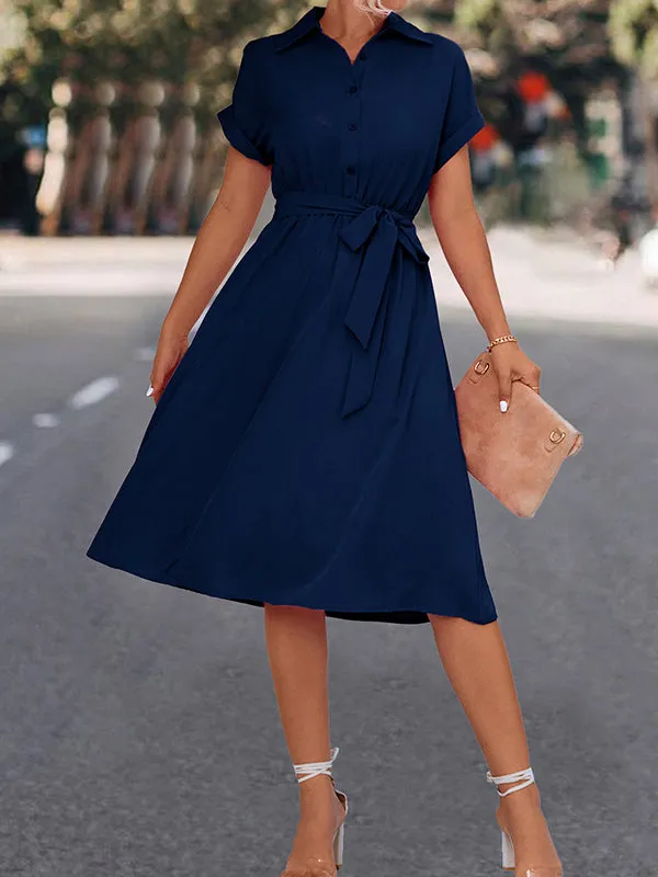 A-Line High Waisted Buttoned Solid Color Tied Waist Lapel Collar Midi Dresses Shirt Dress