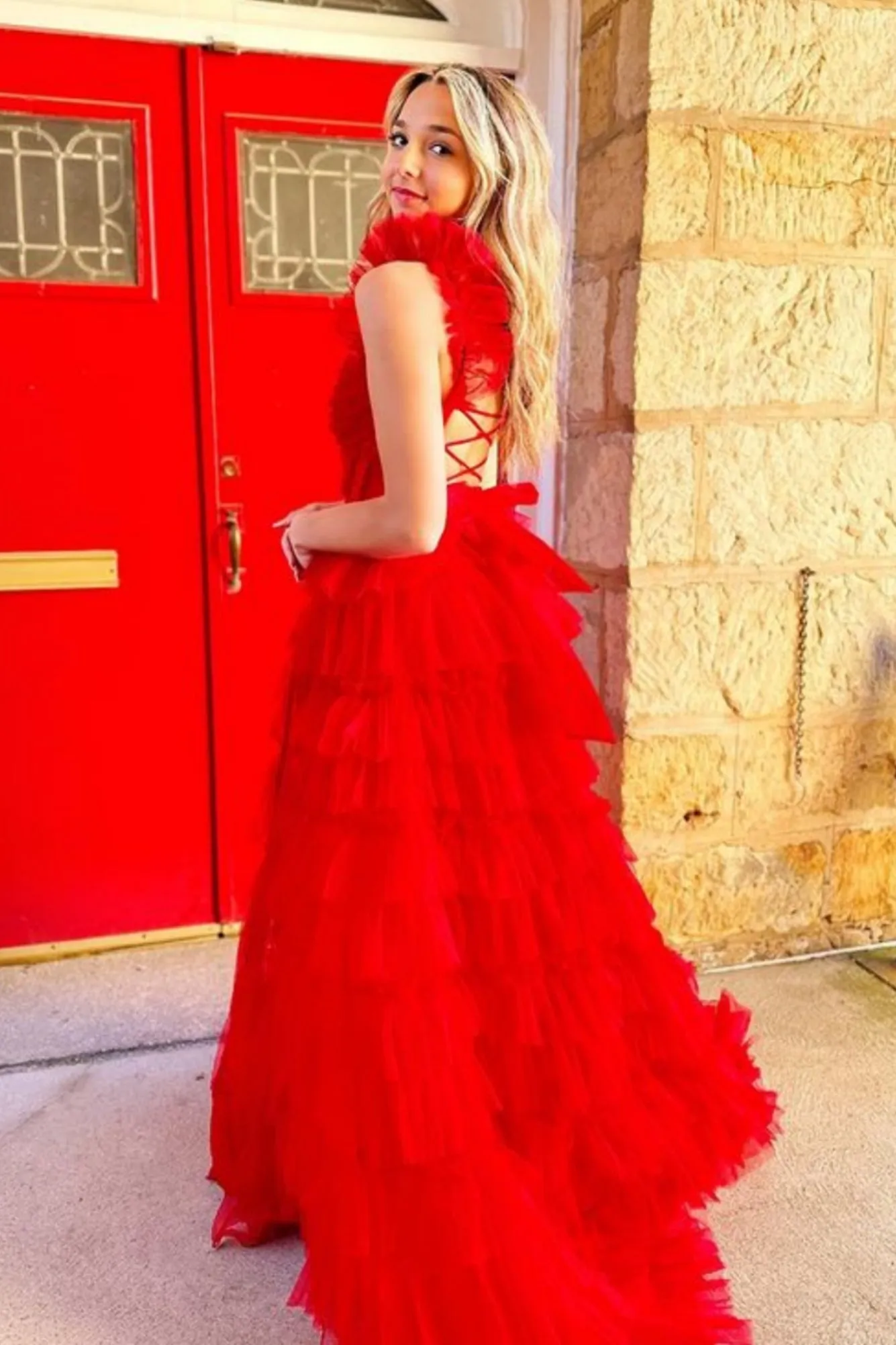 A Line Open Back Ruffle Red Long Prom Dress with Side Split, Red Tulle Formal Graduation Evening Dress A2044