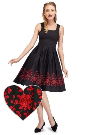 Amanda Embroidered Scoop Neck Swing Dress in Black-Red