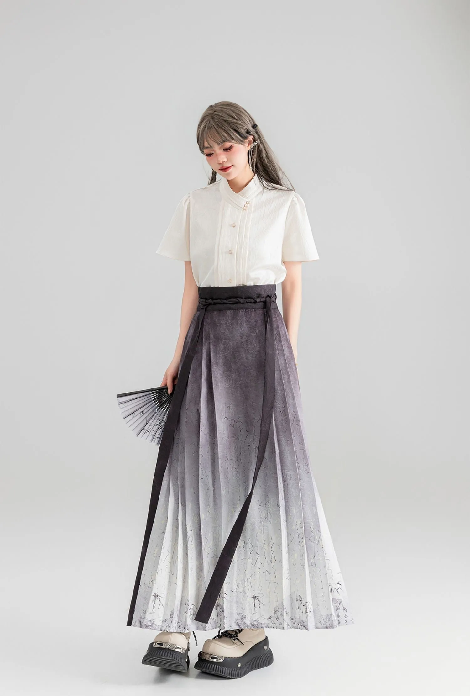 Ancient Style Wind Print Pleated Long Skirt KEI0064