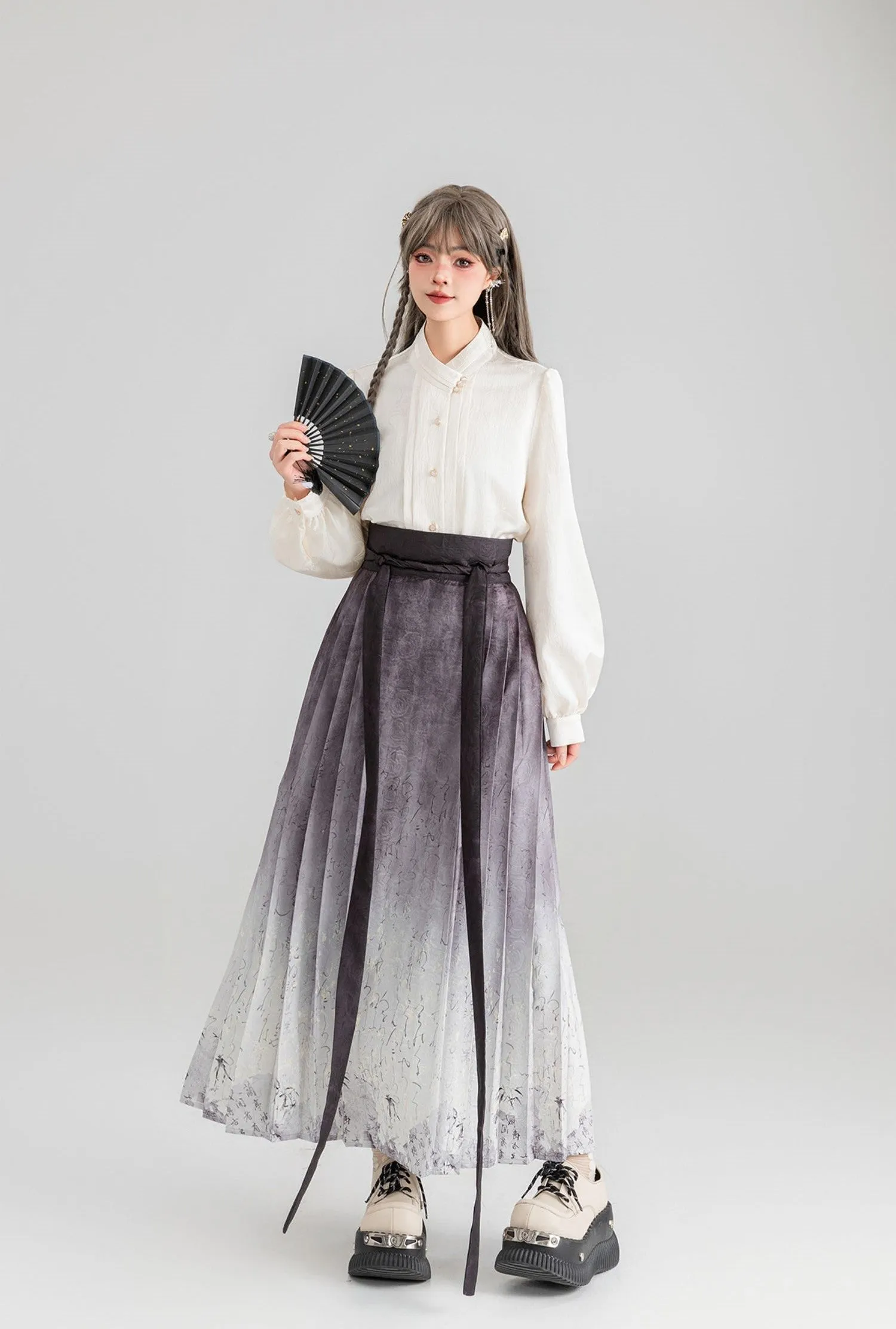 Ancient Style Wind Print Pleated Long Skirt KEI0064