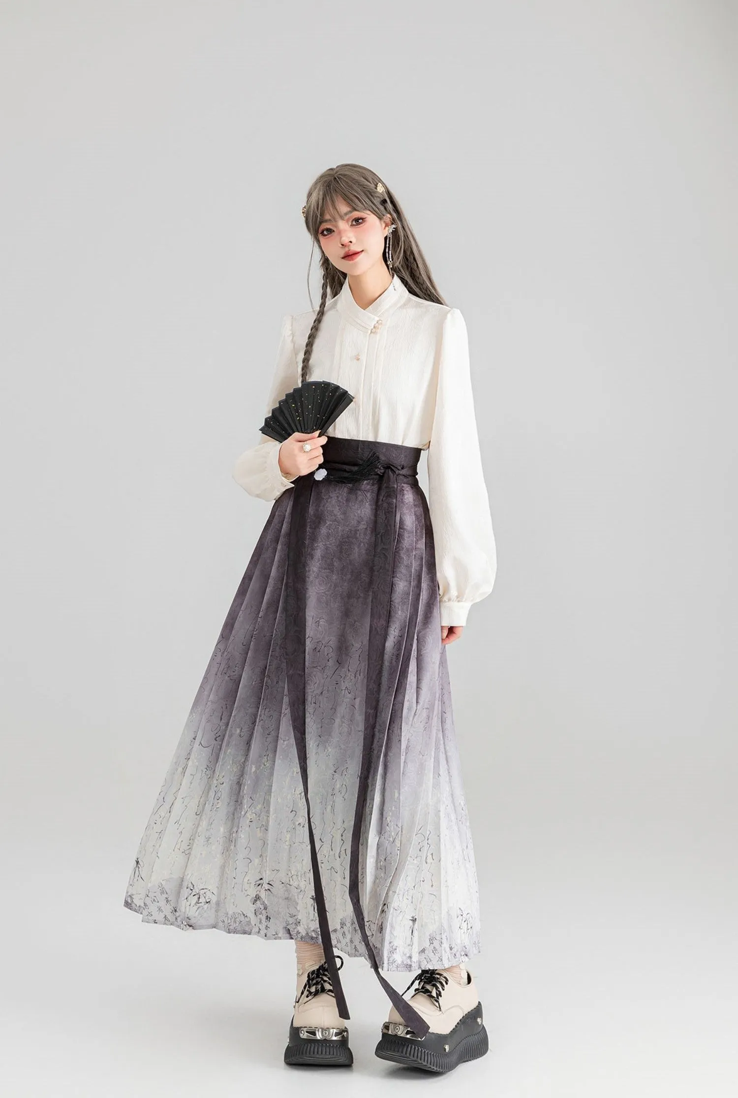 Ancient Style Wind Print Pleated Long Skirt KEI0064