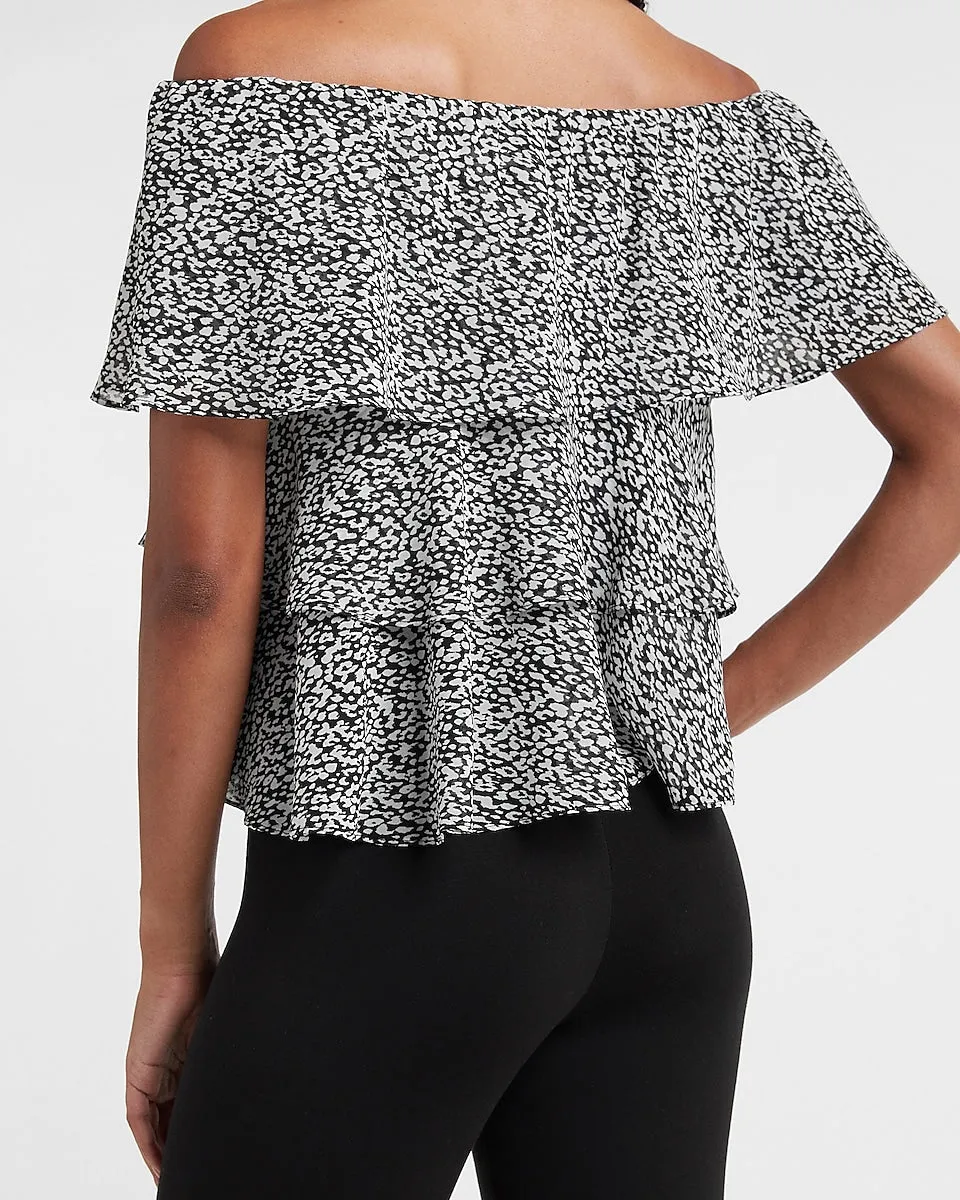 Animal Print Tiered Off The Shoulder Top in Black Print