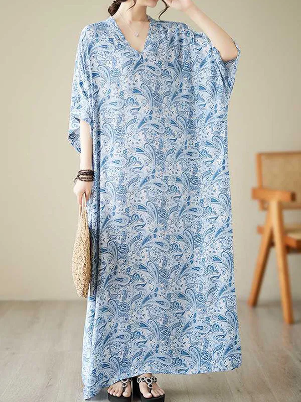 Batwing Sleeves Loose Printed V-Neck Maxi Dresses