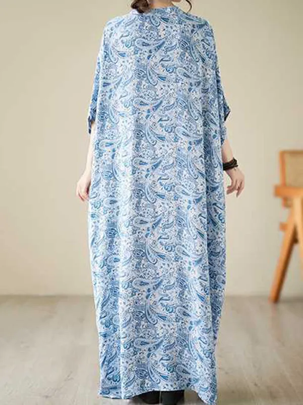 Batwing Sleeves Loose Printed V-Neck Maxi Dresses