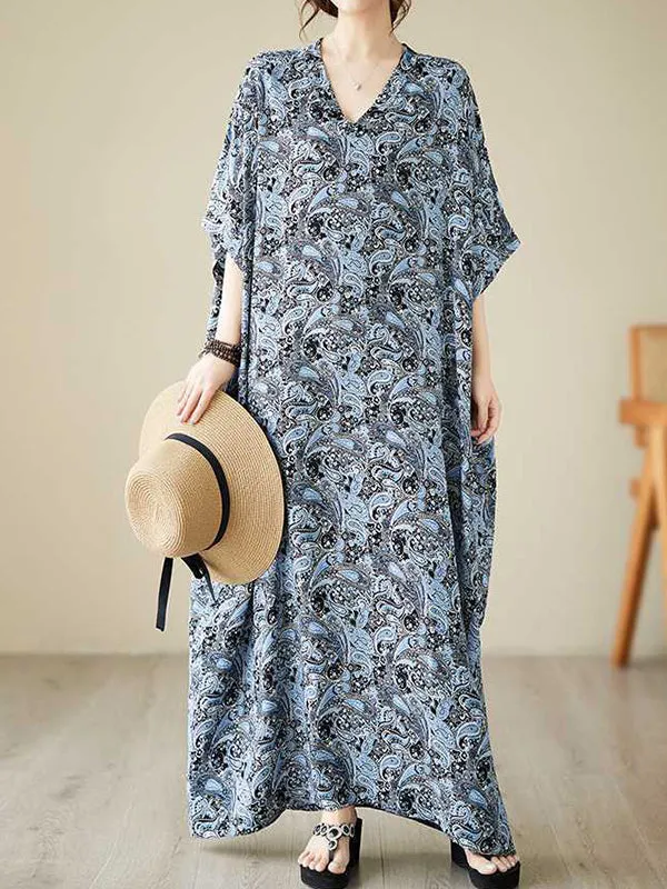 Batwing Sleeves Loose Printed V-Neck Maxi Dresses