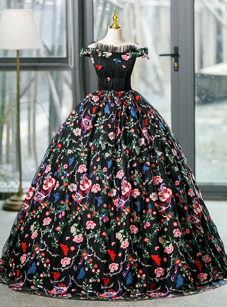 Black Ball Gown Embroidery Off the Shoulder Quinceanera Dress