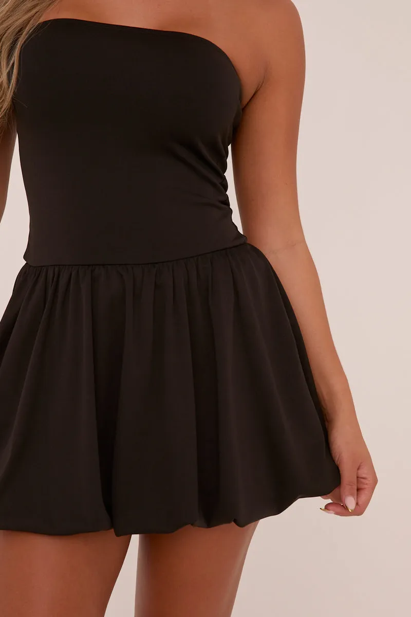 Black Bandeau Drop Waist Puffball Detail Mini Dress - Saffiya