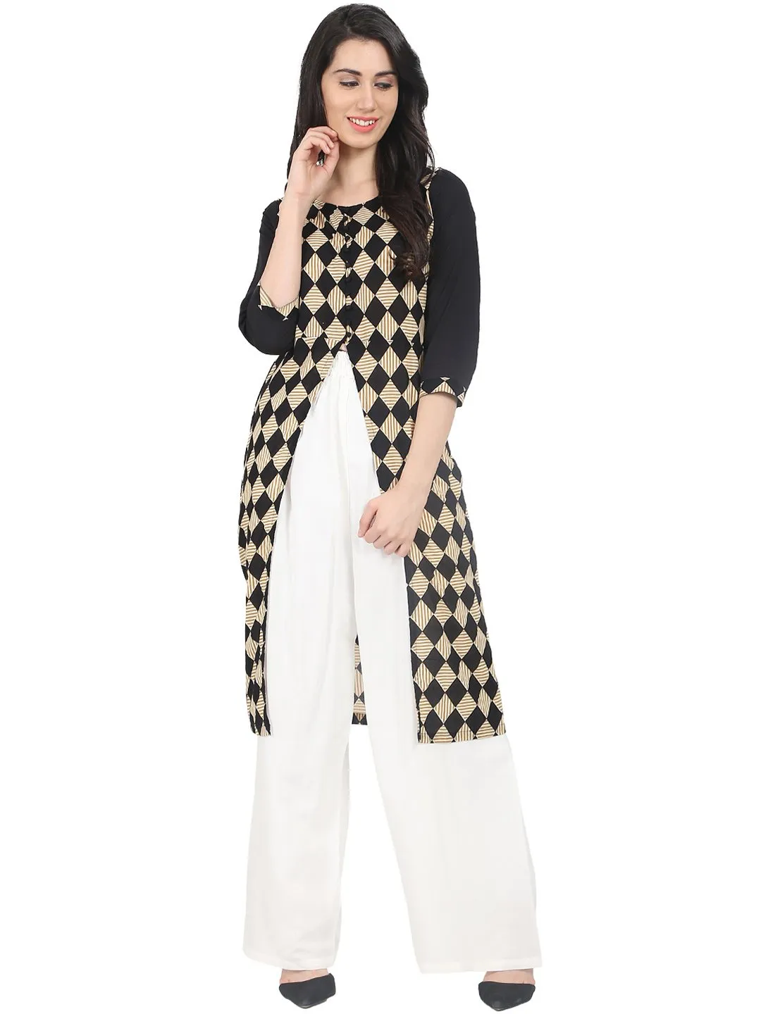 Black Check 3/4Th Sleeve Cotton Kurta With Front Slit