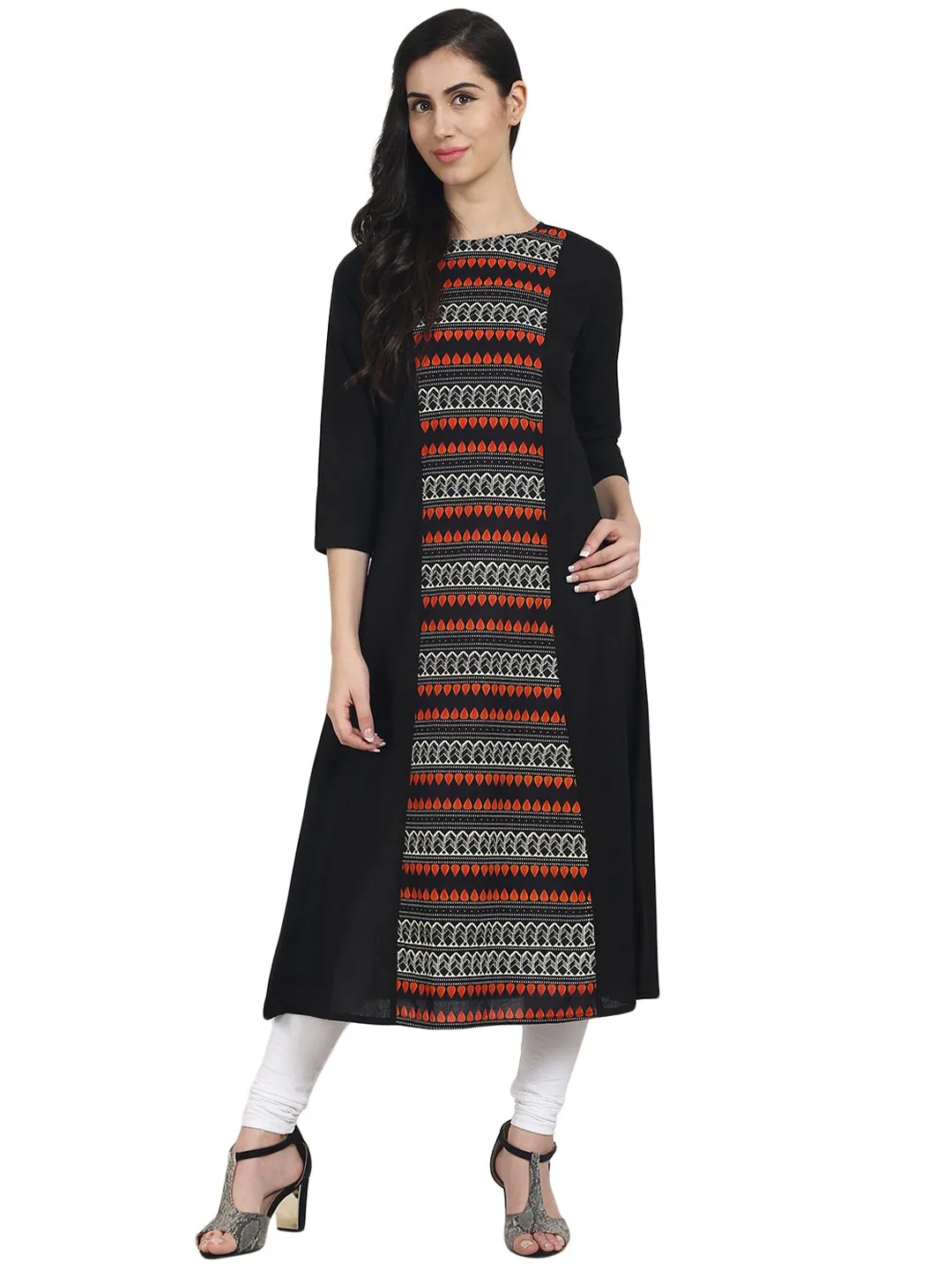 Black printed 3/4th Sleeve long Cotton Kurta