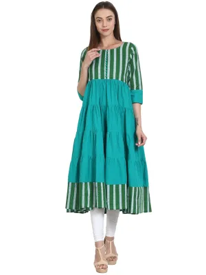 Blue & Green Printed 3/4 Sleeve Cotton Tiered Anarkali Kurta