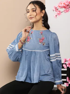 Blue Embroidered Top