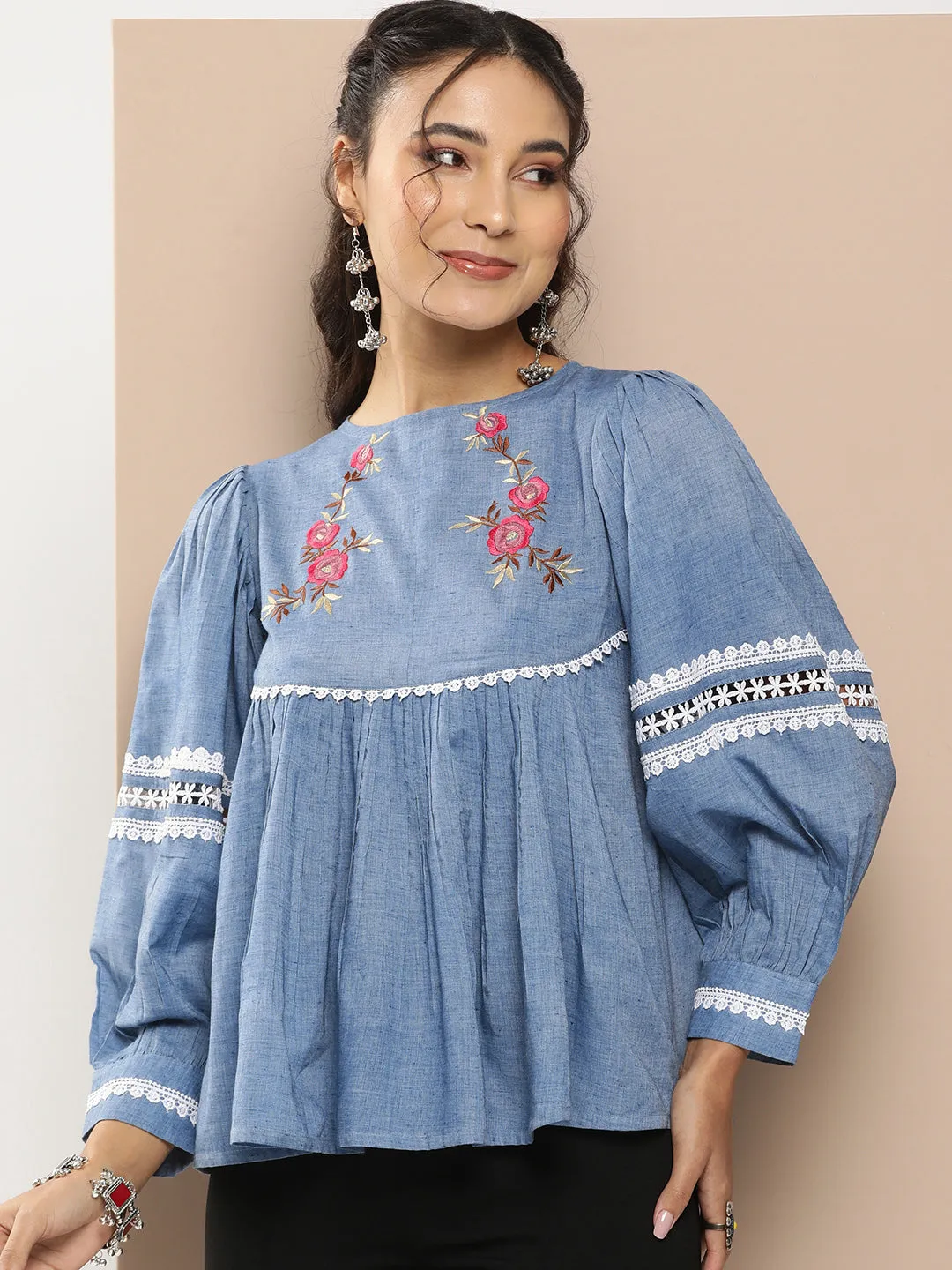 Blue Embroidered Top