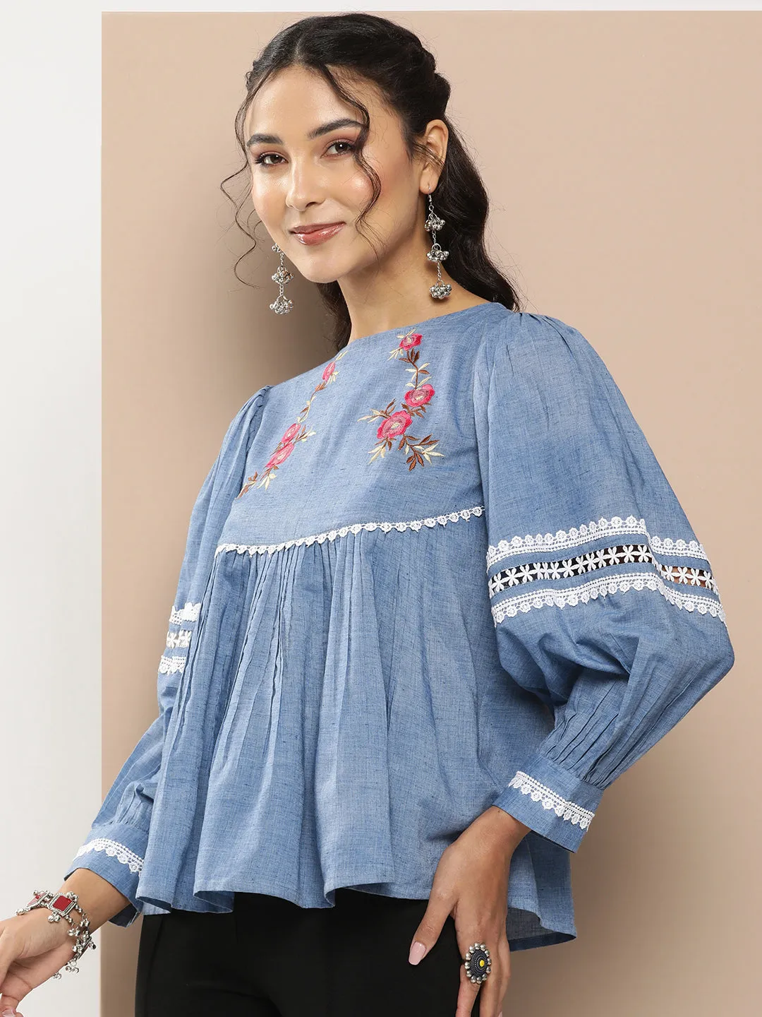 Blue Embroidered Top