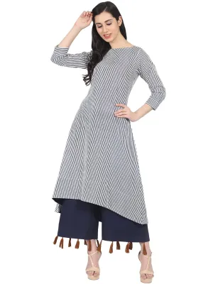 Blue Striped 3/4Th Sleeve Cotton A-Line Kurta