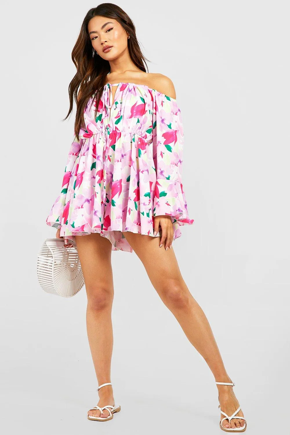 Boohoo Floral Off Shoulder Jumpsuit, White