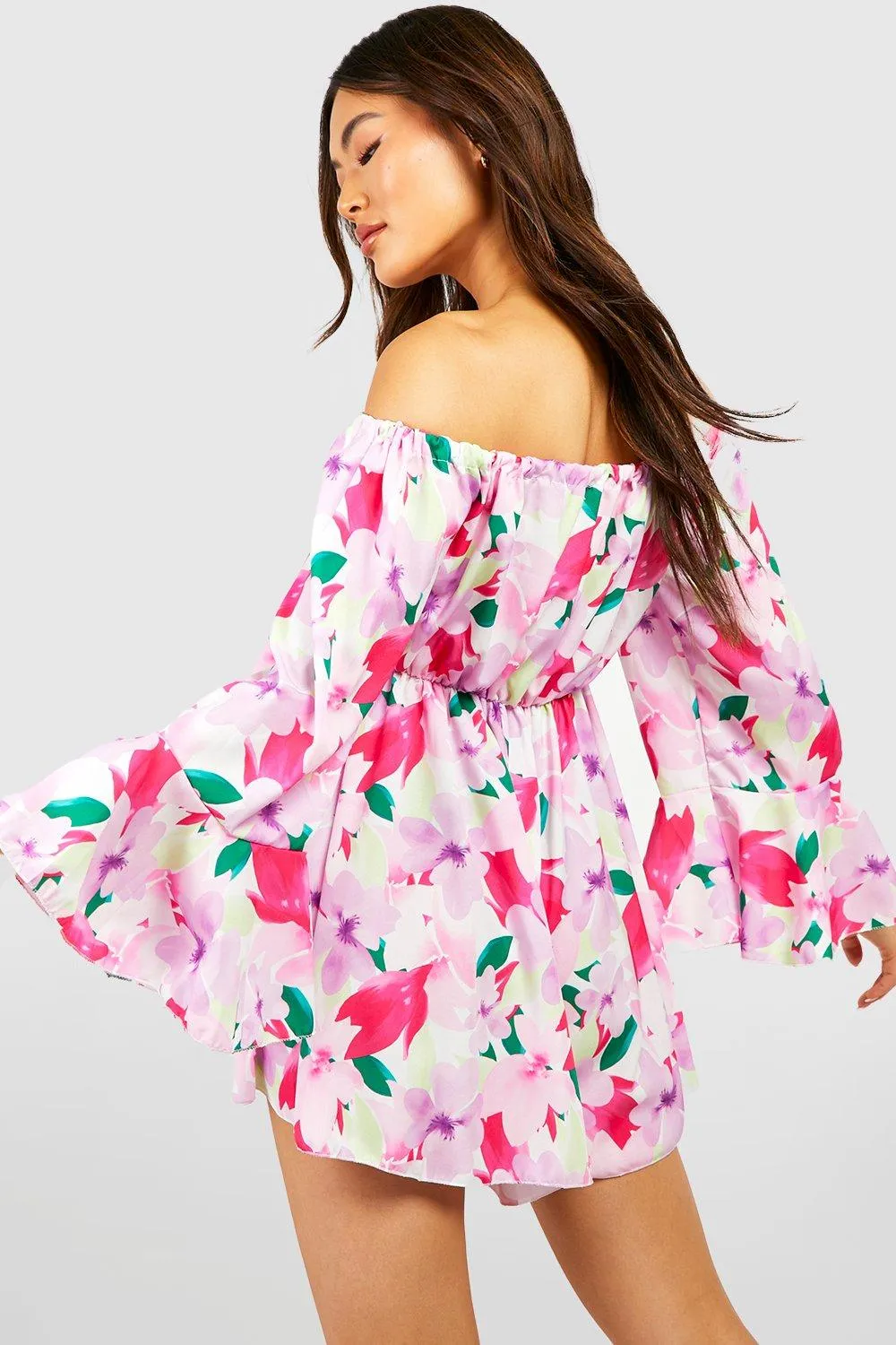 Boohoo Floral Off Shoulder Jumpsuit, White