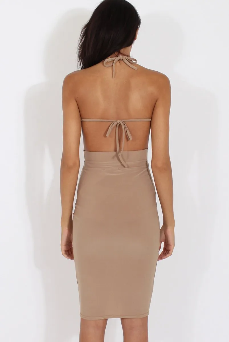 Camel Halterneck Wrap Around Open Back Dress- Lillian