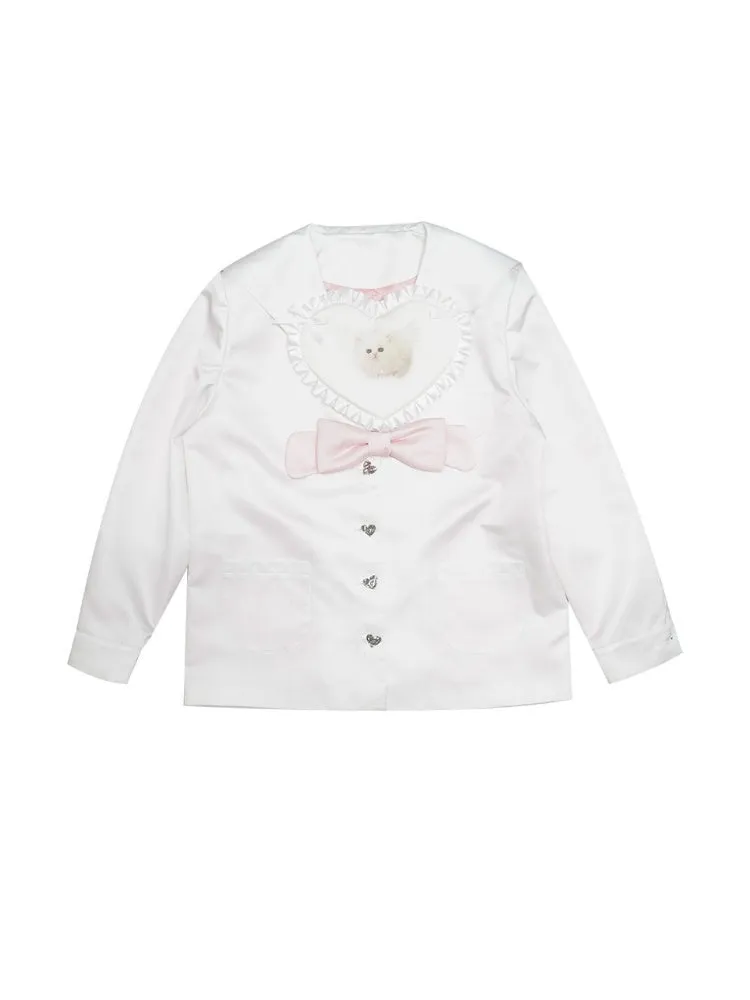 Cat / Angel Print Heart Ribbon Lace Jacquard Sailor Collar Jacket【s0000003814】