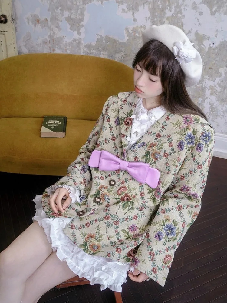 Cat / Angel Print Heart Ribbon Lace Jacquard Sailor Collar Jacket【s0000003814】