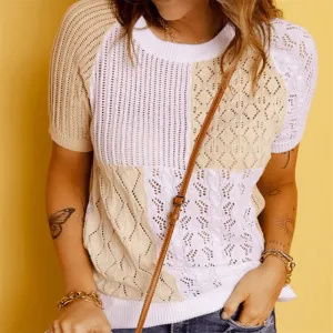 Color-Blocked Knitted Short-Sleeve T-shirt Top