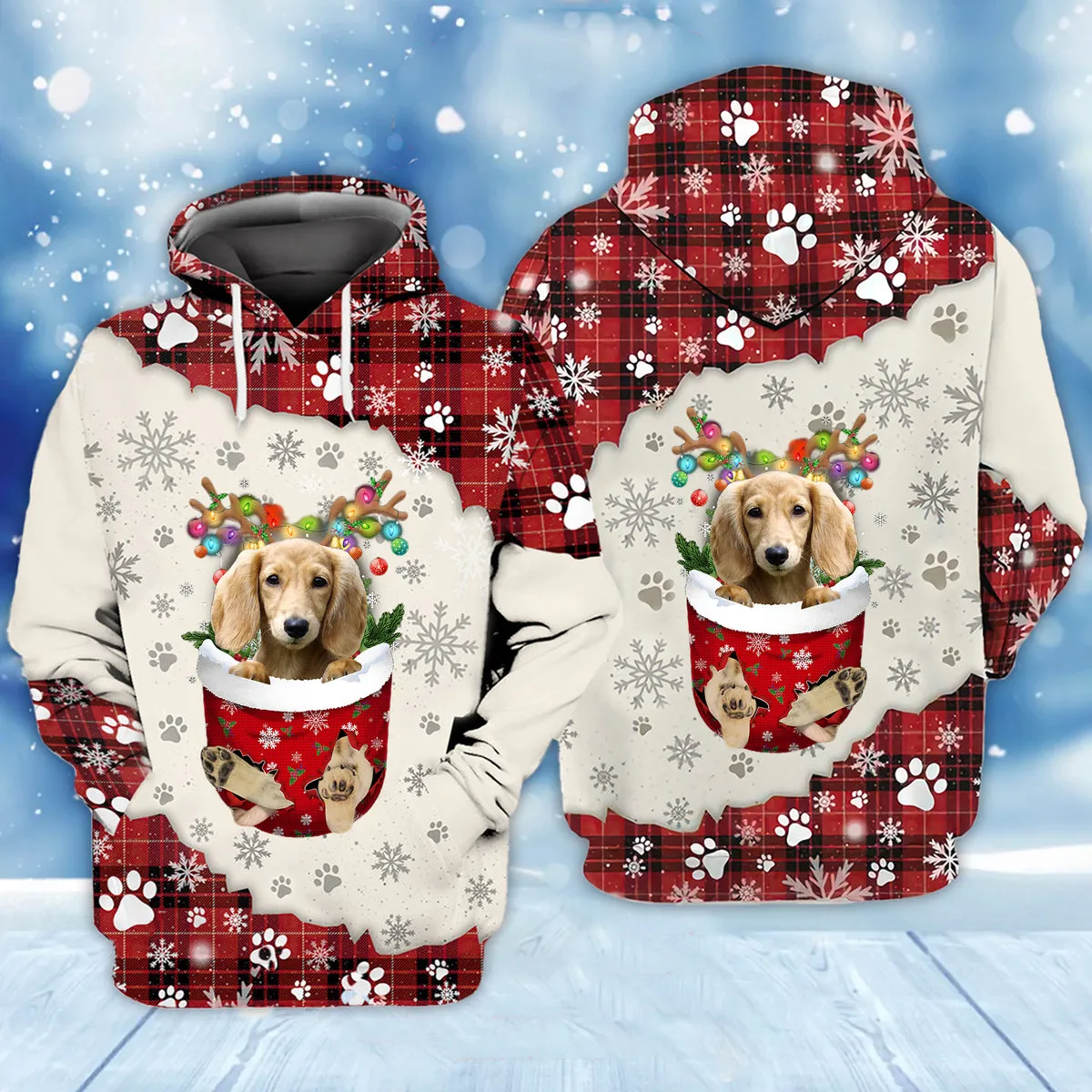 CREAM Long haired Dachshund In Snow Pocket Merry Christmas Unisex Hoodie