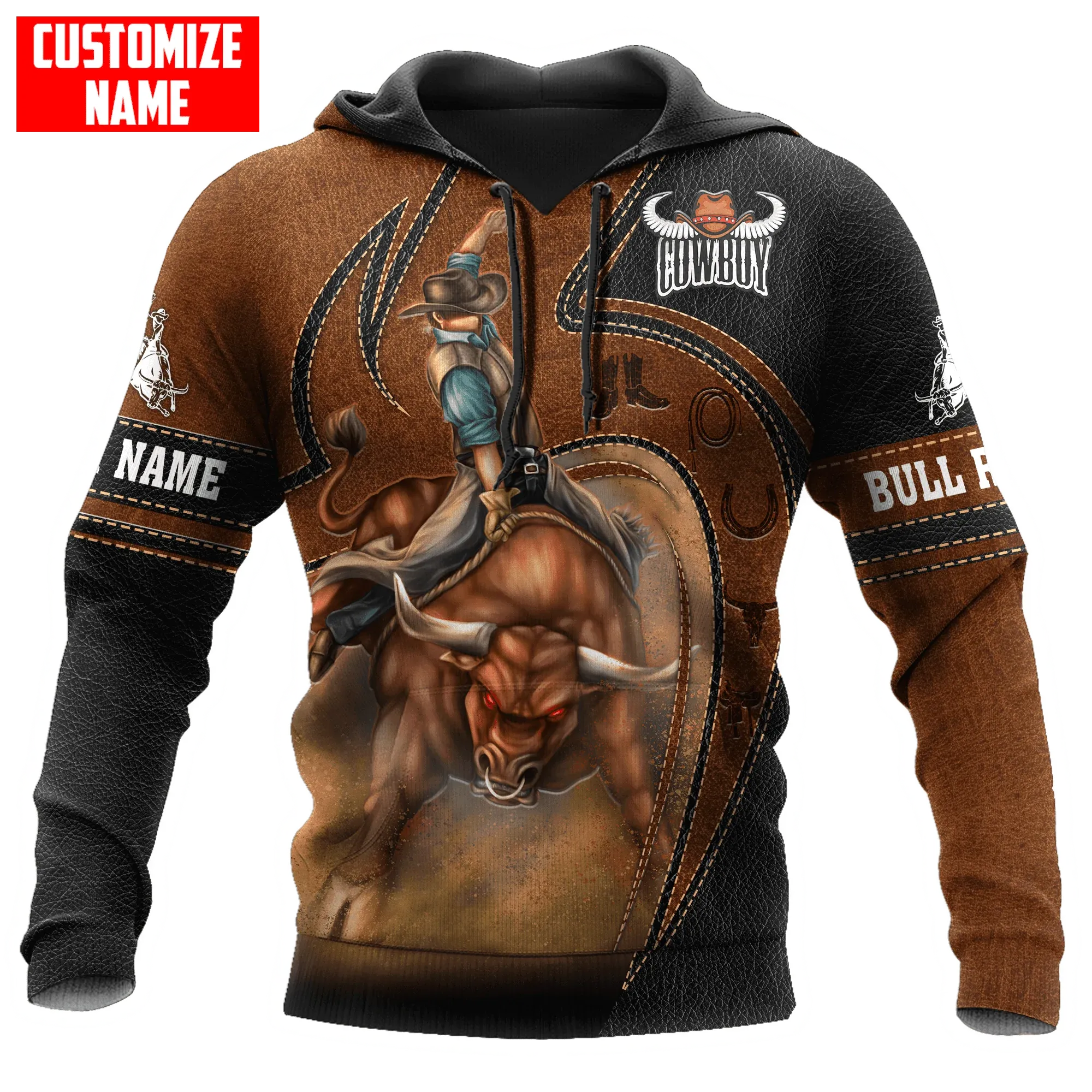 Custom Cowboy Hoodie, Bull Riding Hoodie Leather Pattern, Present To Cowboy Son Dad, Cowboy Gift