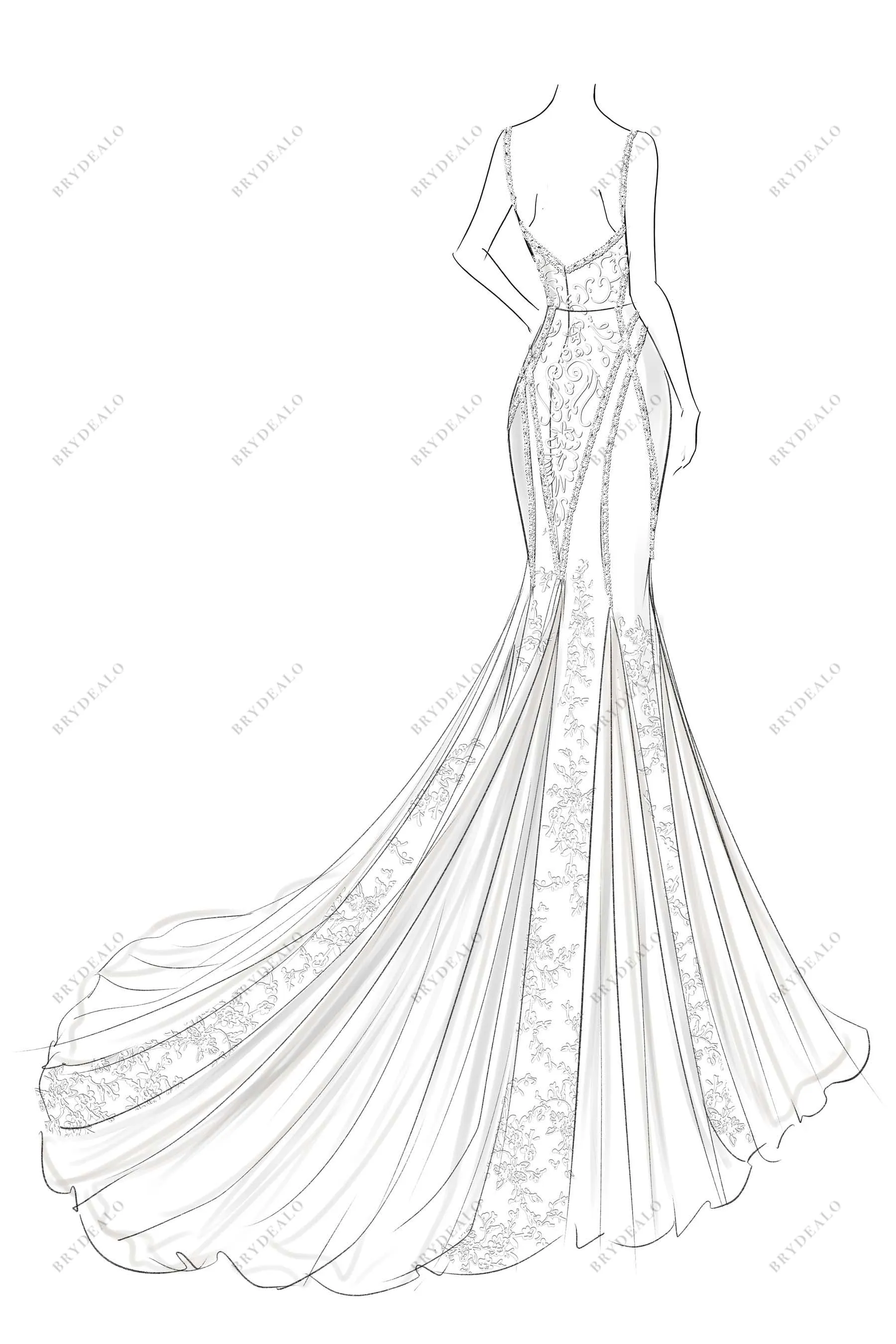 Designer Lace Straps Chiffon Godet Mermaid Wedding Dress Sketch