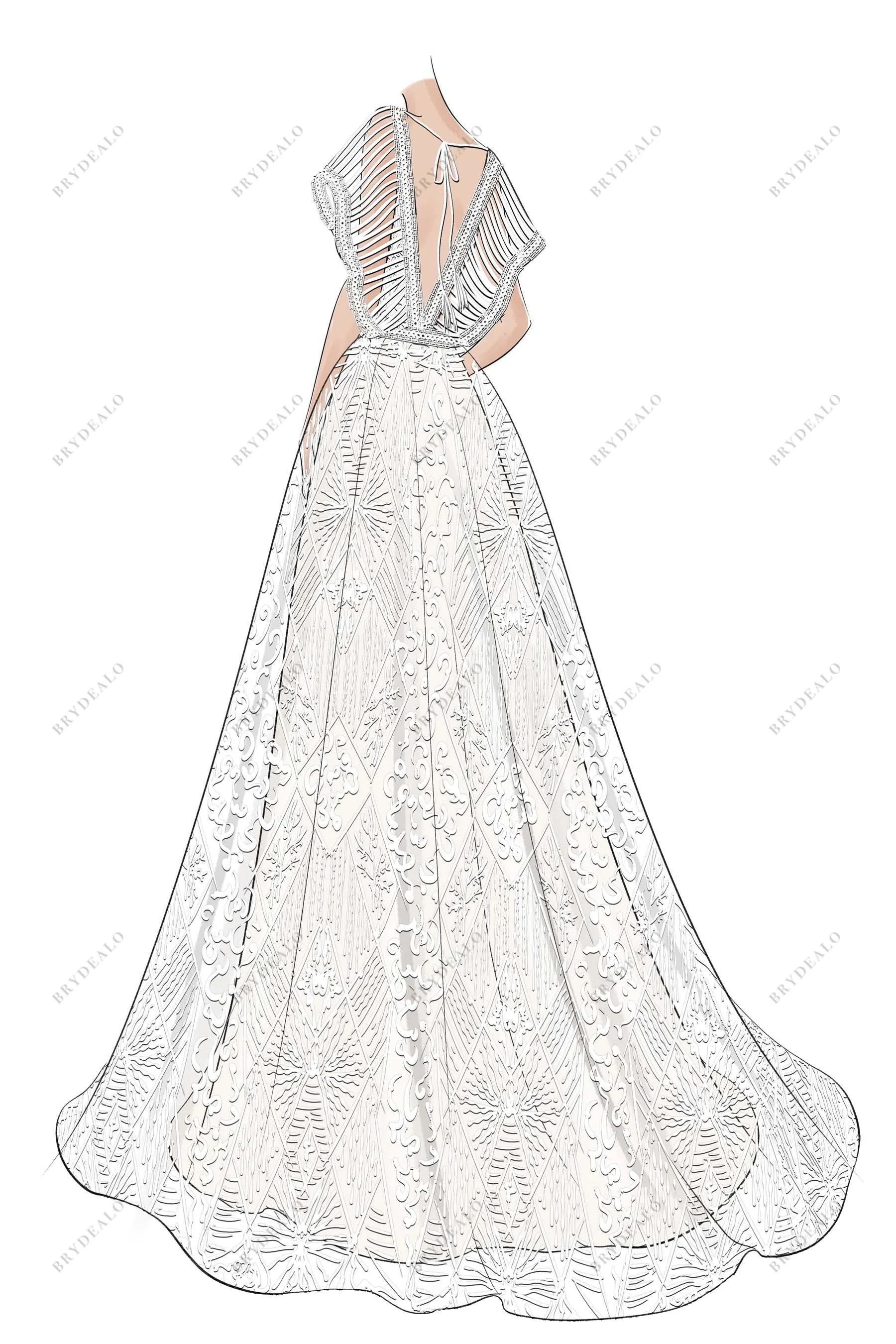 Designer Plunging A-line Boho Lace Wedding Dress Sketch