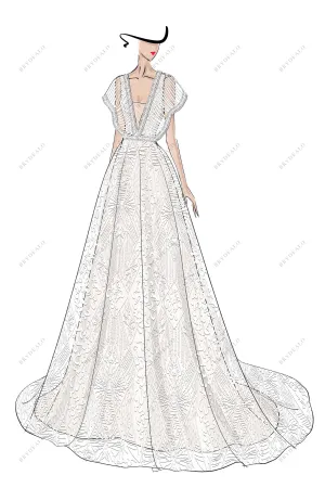 Designer Plunging A-line Boho Lace Wedding Dress Sketch