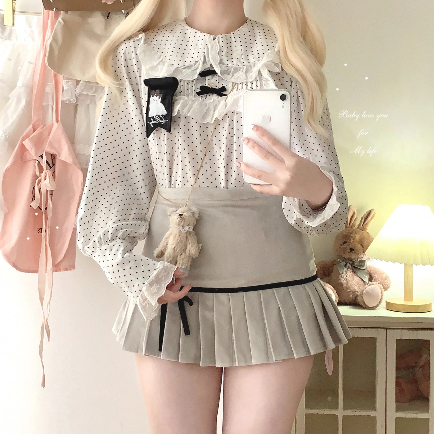 Dormir Doll Fritillaria White & Gray Bow Coquette Pleated Mini Skirt