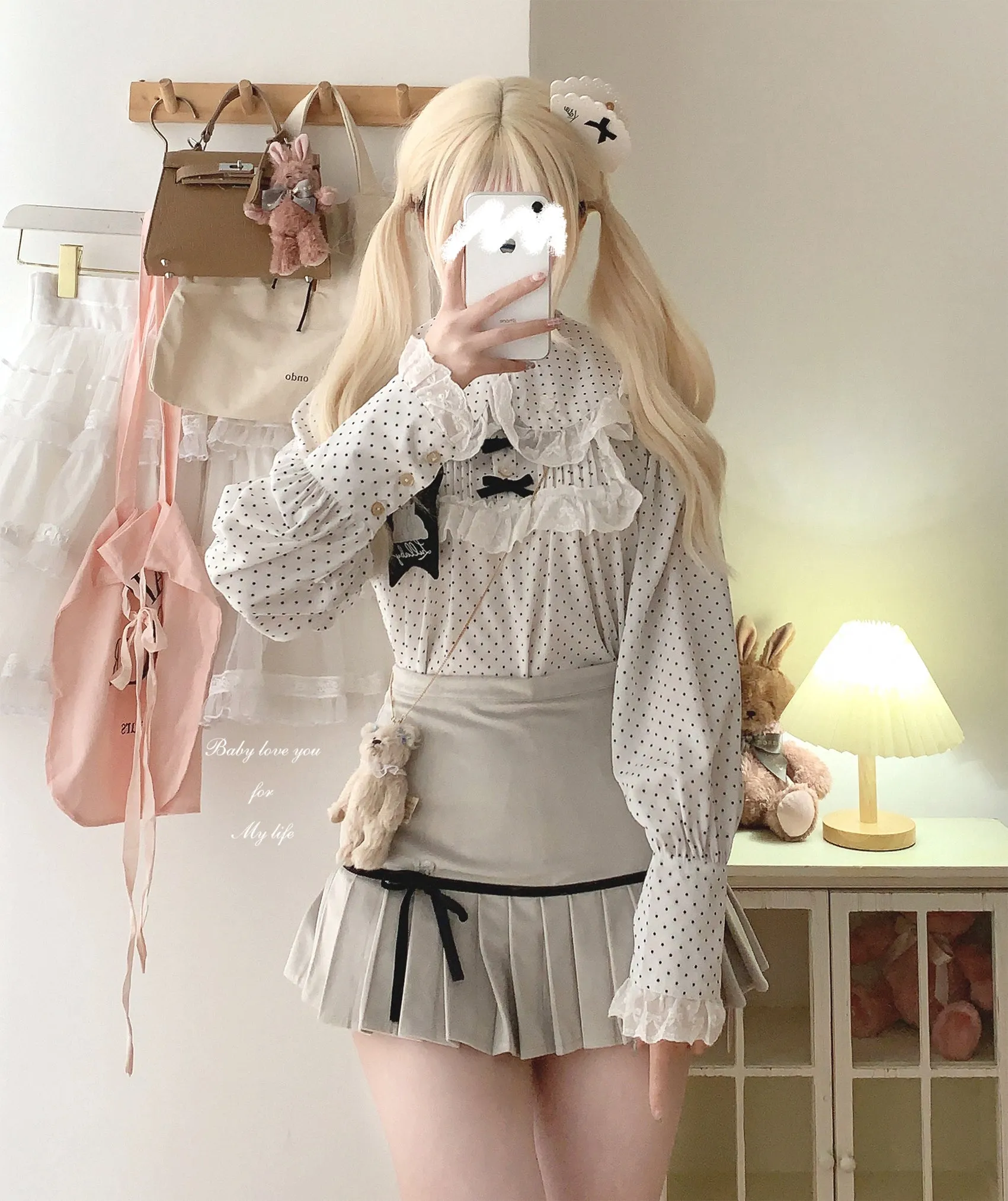 Dormir Doll Fritillaria White & Gray Bow Coquette Pleated Mini Skirt