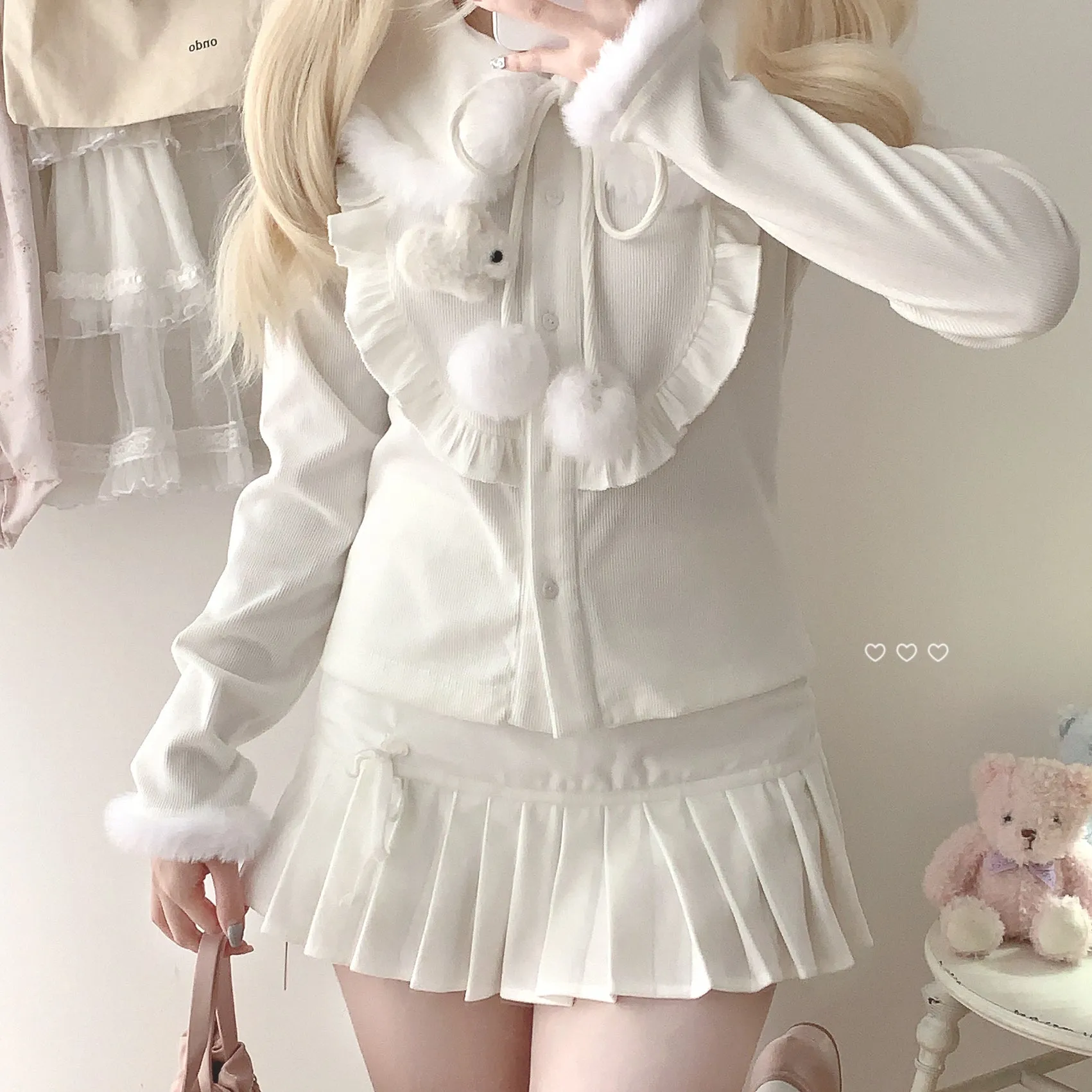 Dormir Doll Fritillaria White & Gray Bow Coquette Pleated Mini Skirt