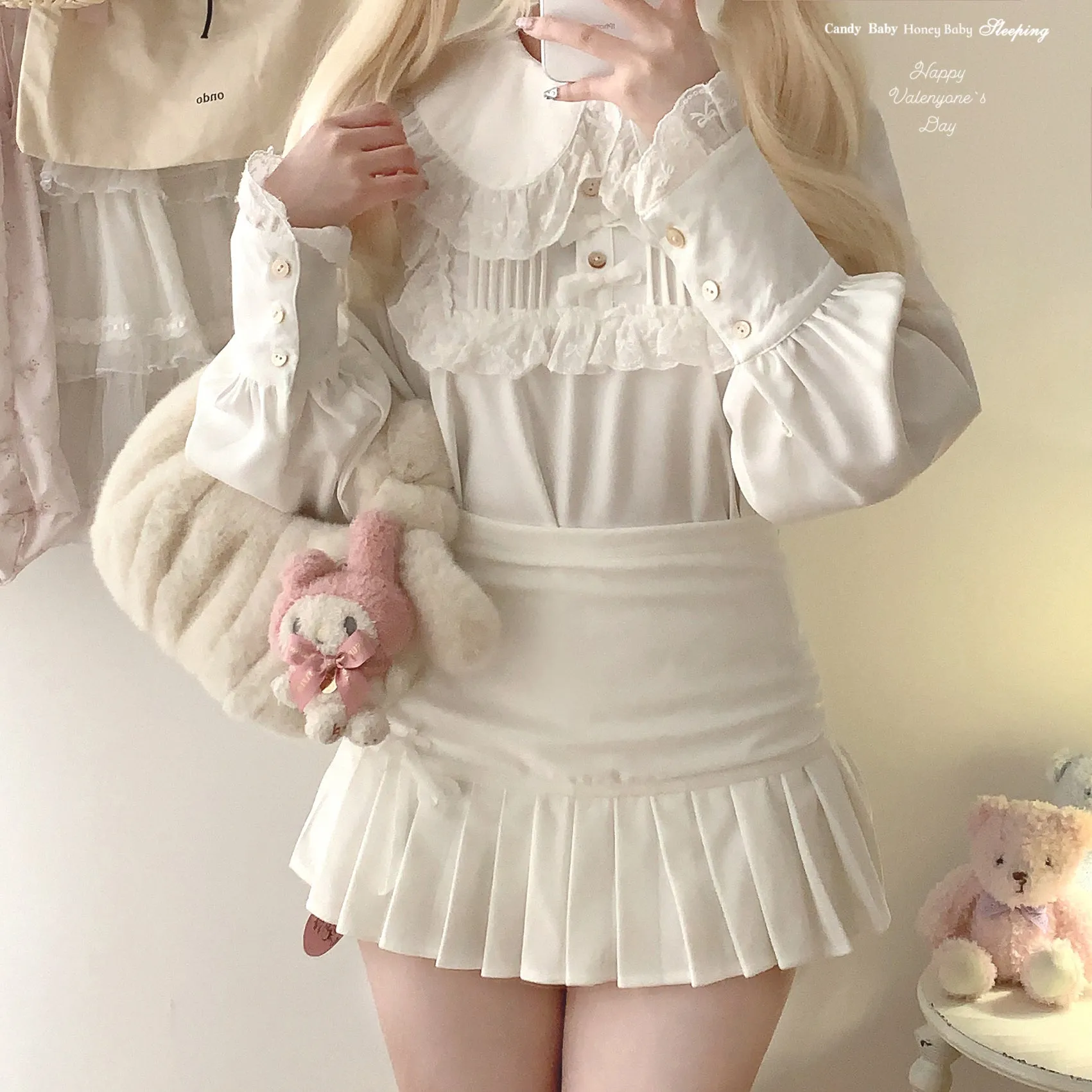 Dormir Doll Fritillaria White & Gray Bow Coquette Pleated Mini Skirt