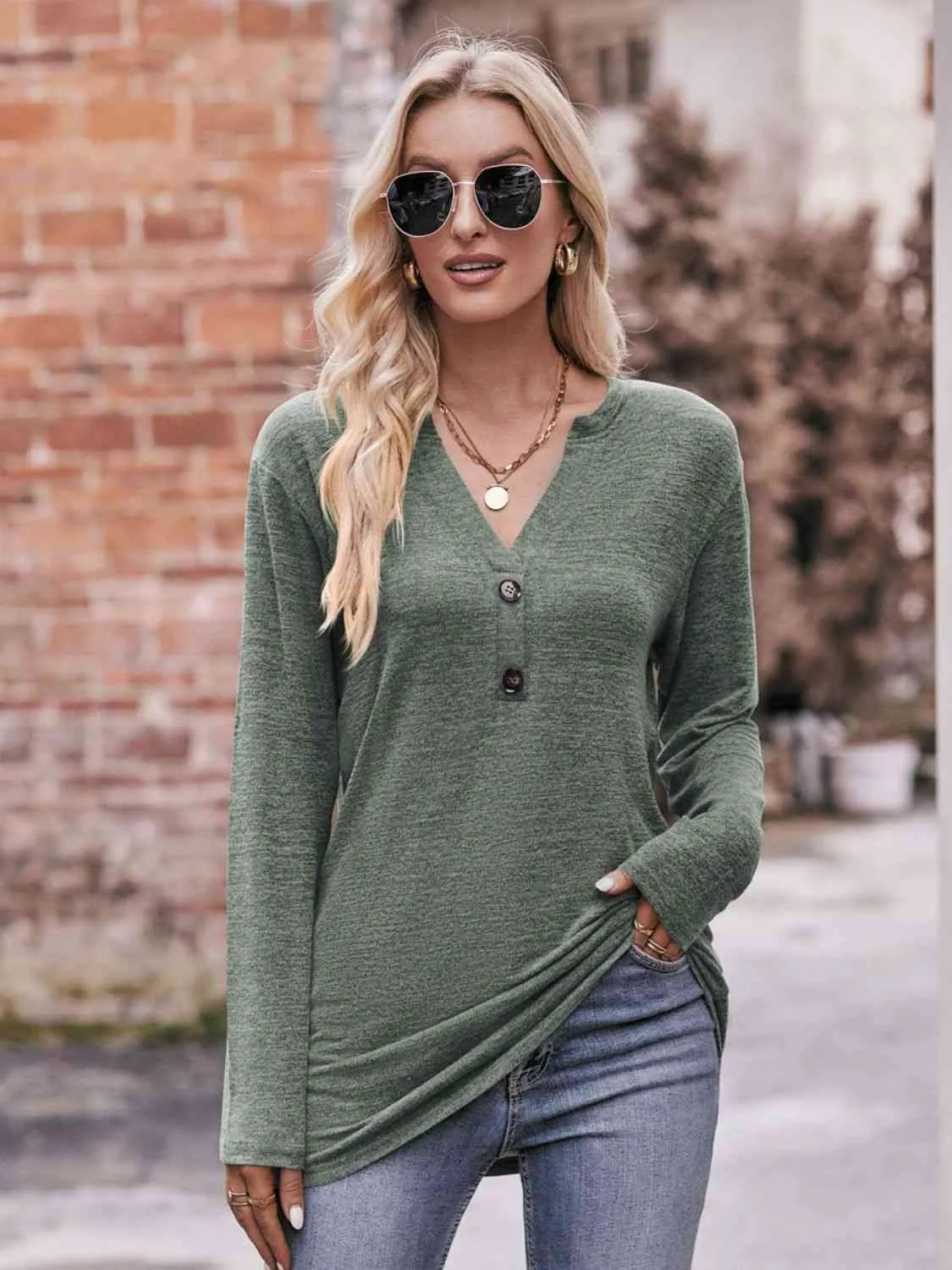 Double Take Buttoned Notched Neck Long Sleeve Top