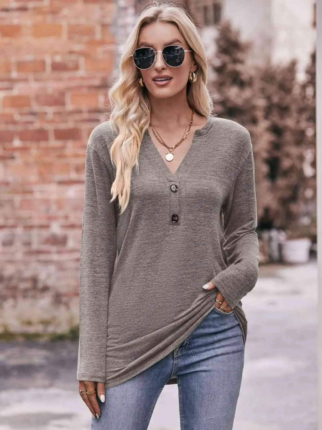 Double Take Buttoned Notched Neck Long Sleeve Top