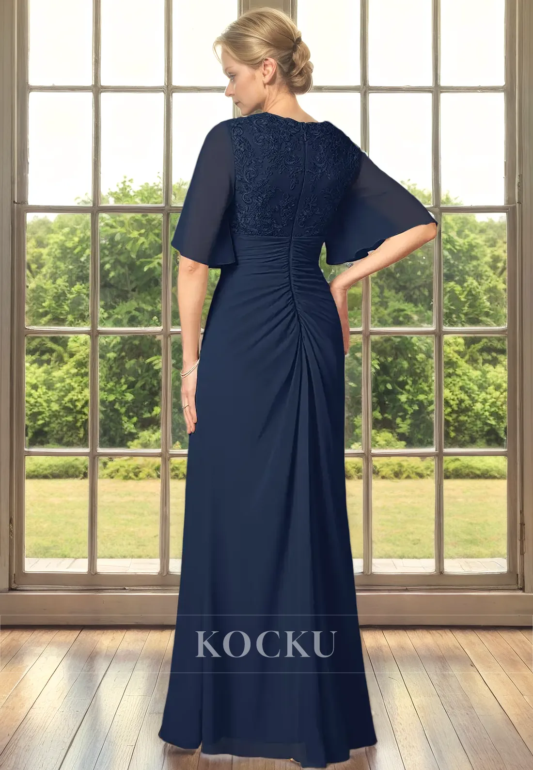 Elegant & Simple V-Neck Short sleeves A-Line Belt Cocktail Mother of the Bride Dress