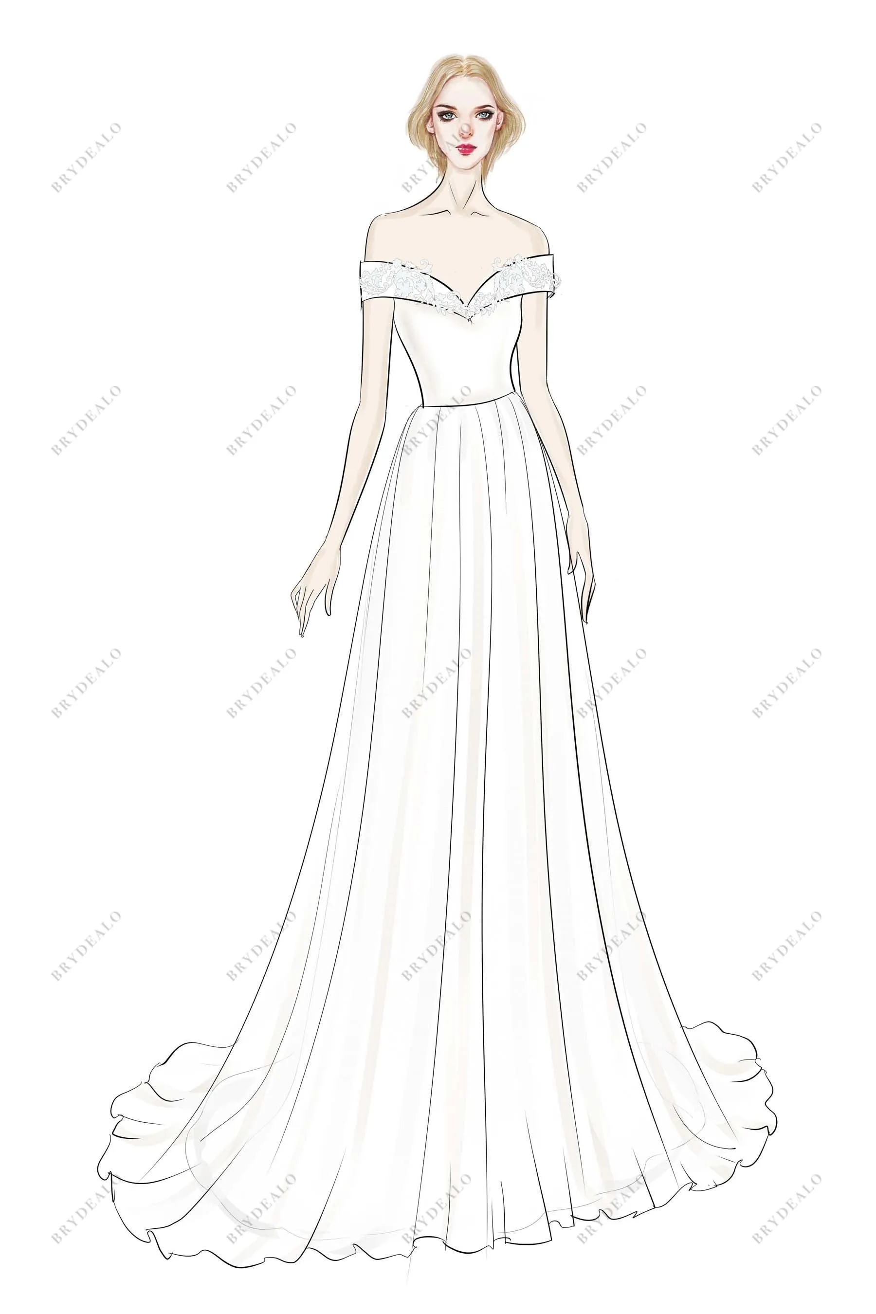 Elegant Off-shoulder A-line Designer Bridal Dress Sketch