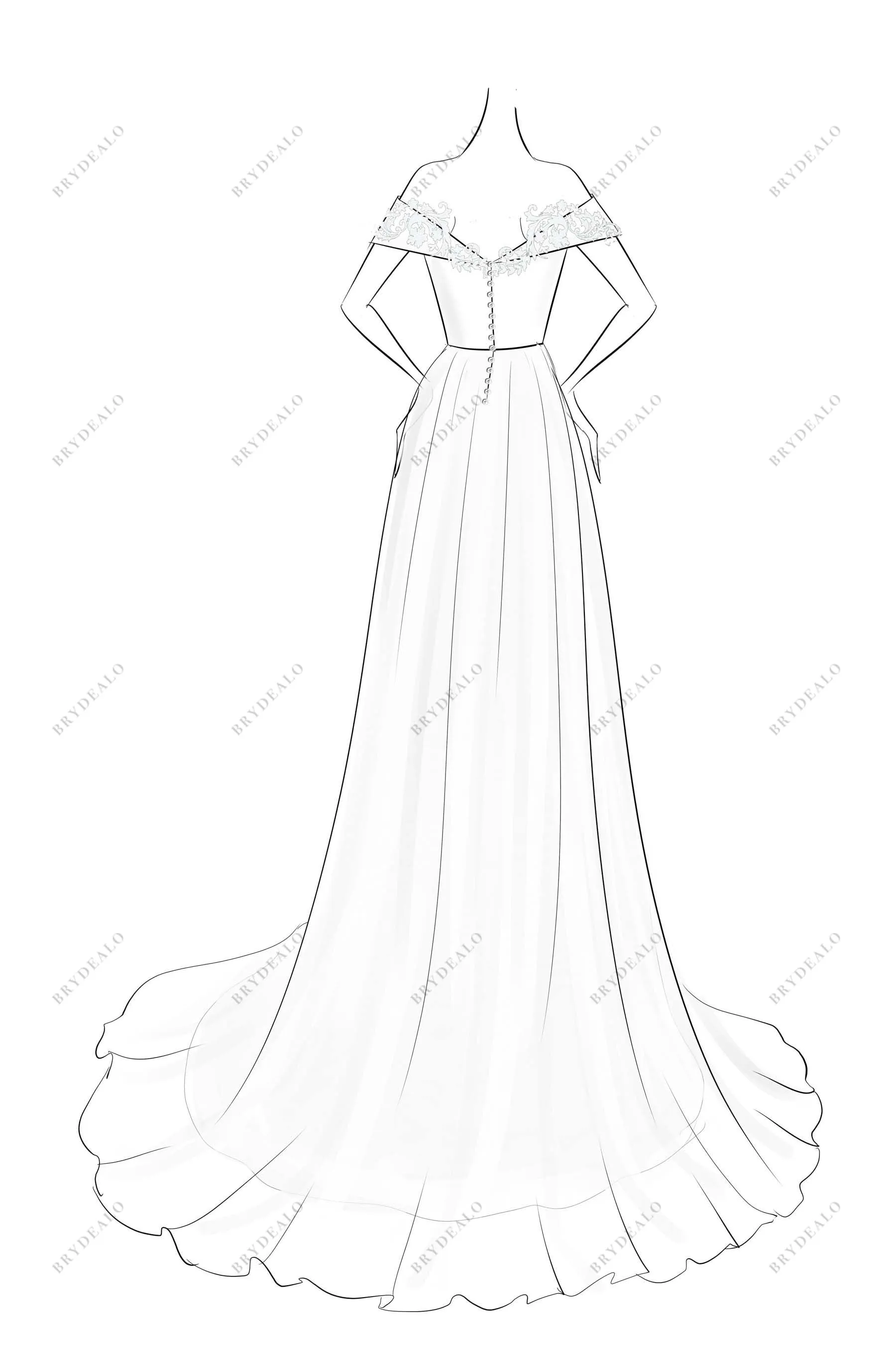 Elegant Off-shoulder A-line Designer Bridal Dress Sketch