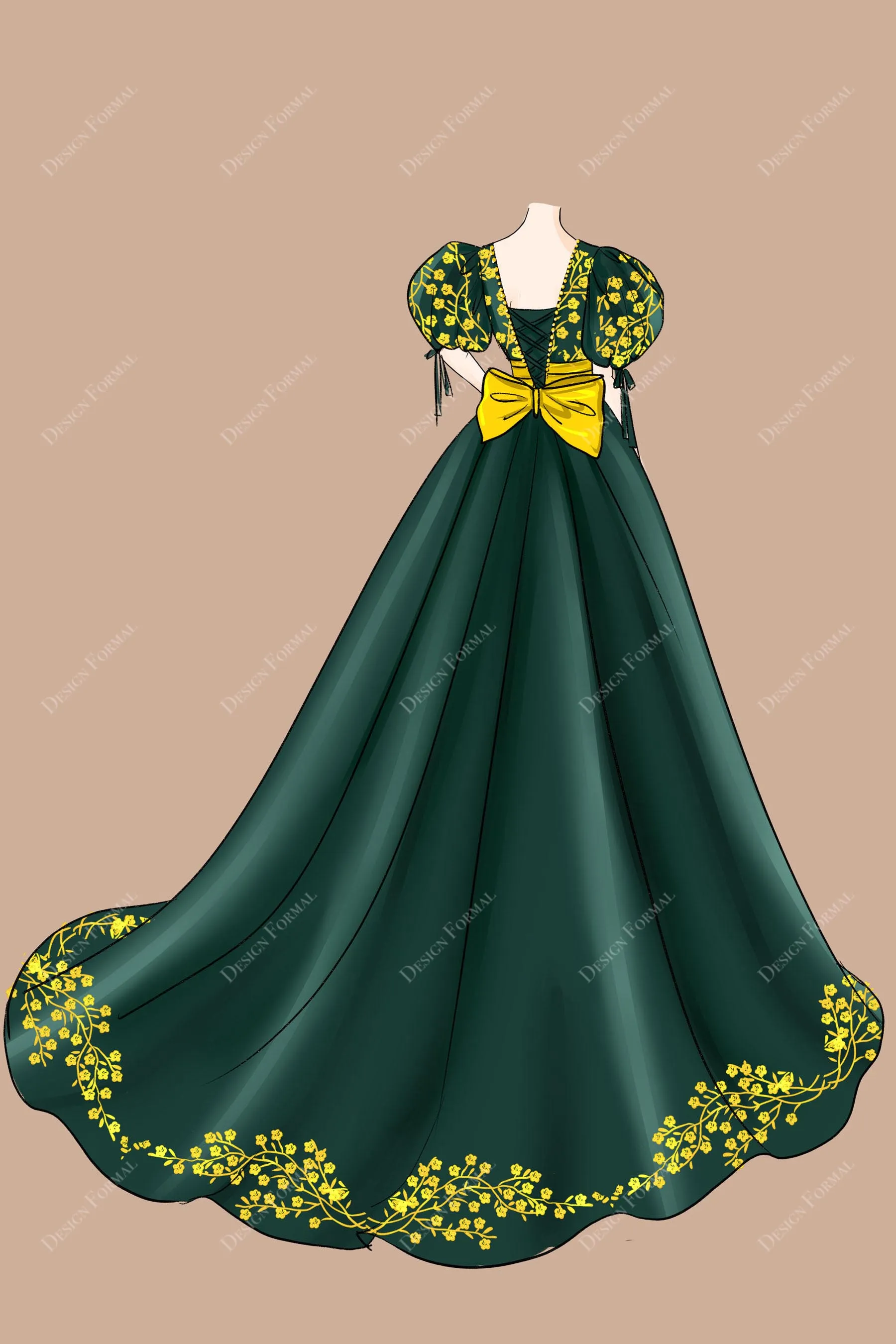 Emerald Green Satin Gold Embroidery Sparkly Overskirt Wedding Dress Sketch