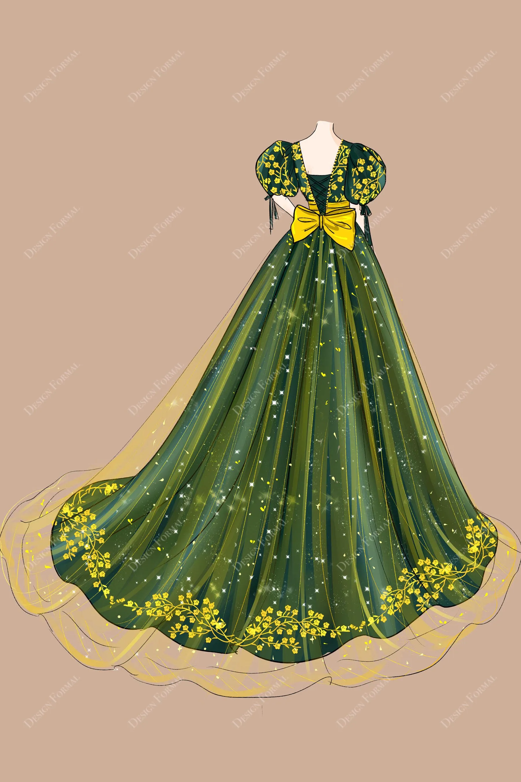 Emerald Green Satin Gold Embroidery Sparkly Overskirt Wedding Dress Sketch