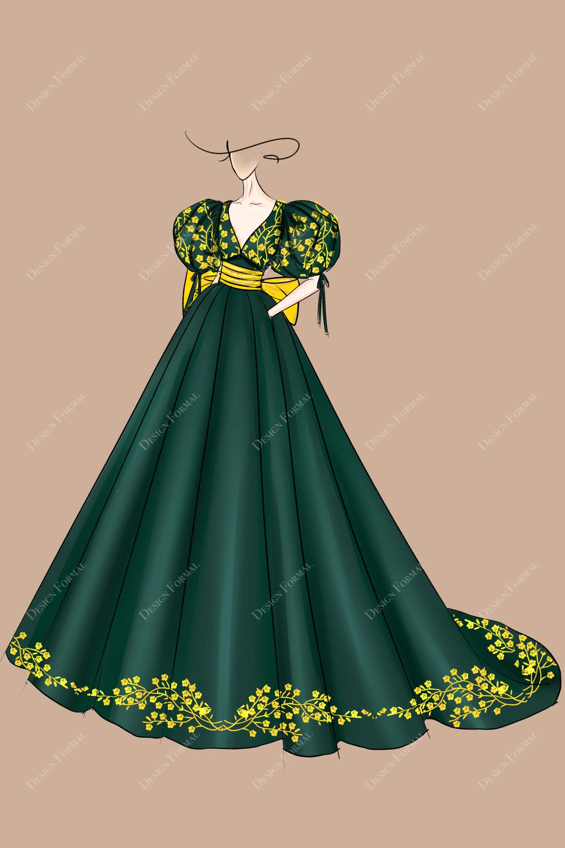 Emerald Green Satin Gold Embroidery Sparkly Overskirt Wedding Dress Sketch