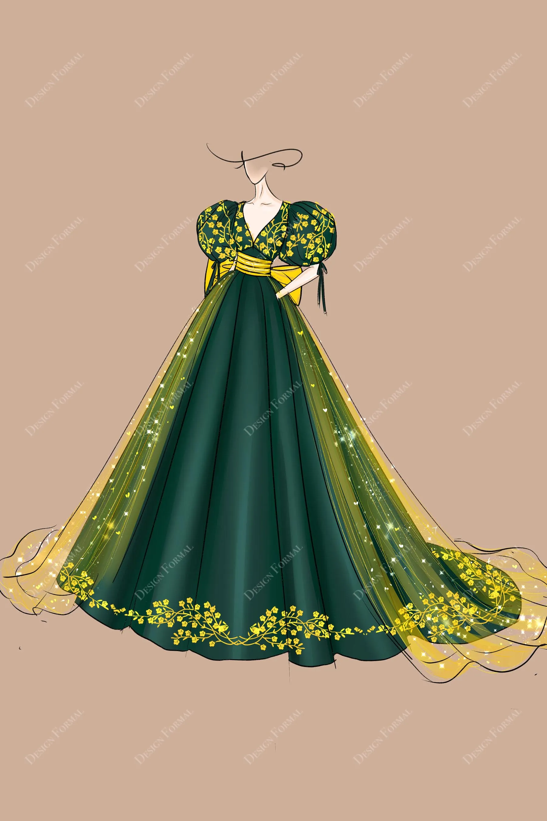 Emerald Green Satin Gold Embroidery Sparkly Overskirt Wedding Dress Sketch