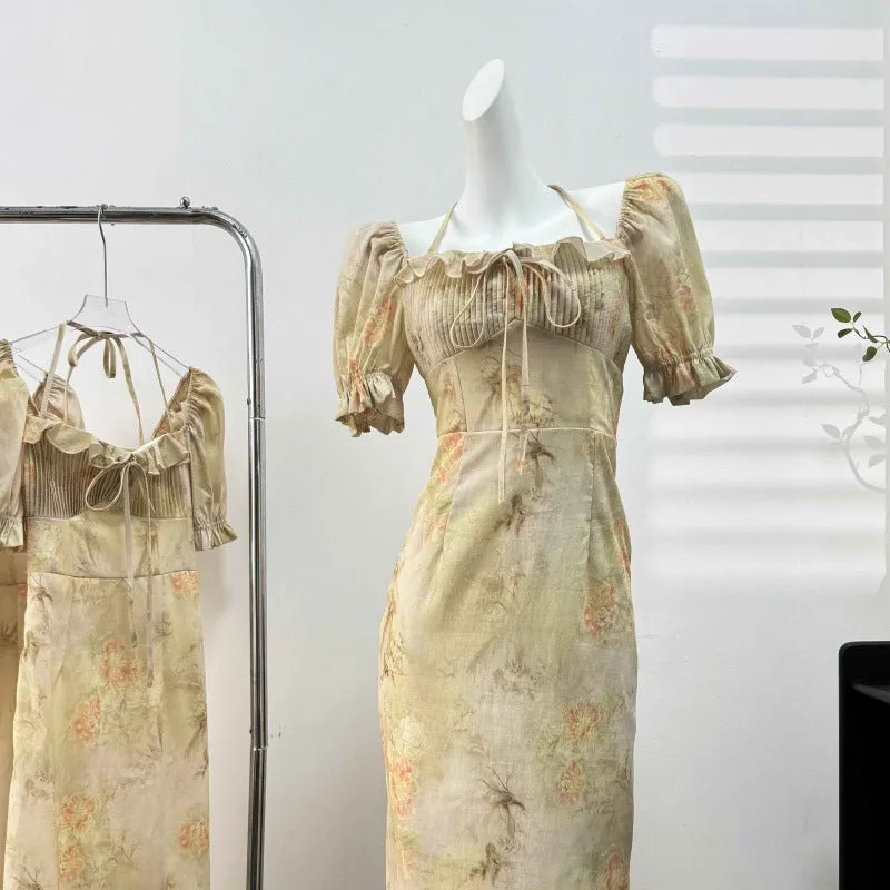 Fashionkova pop culture dress to impress French Tea Break under Huafang Romantic Blooming Oil Painting Beautiful Super Slimming Square Collar Temperament Dress Summer Holiday Style