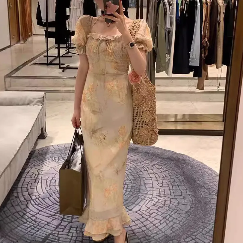 Fashionkova pop culture dress to impress French Tea Break under Huafang Romantic Blooming Oil Painting Beautiful Super Slimming Square Collar Temperament Dress Summer Holiday Style