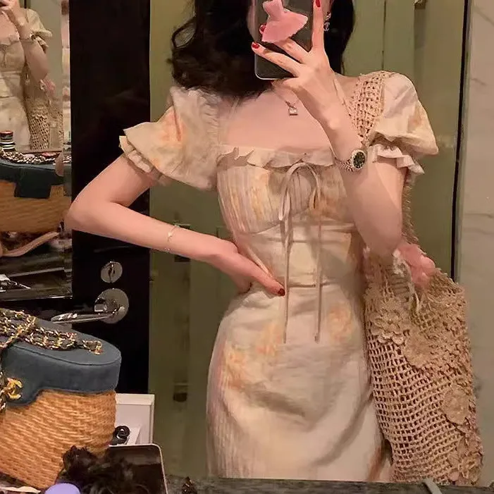 Fashionkova pop culture dress to impress French Tea Break under Huafang Romantic Blooming Oil Painting Beautiful Super Slimming Square Collar Temperament Dress Summer Holiday Style