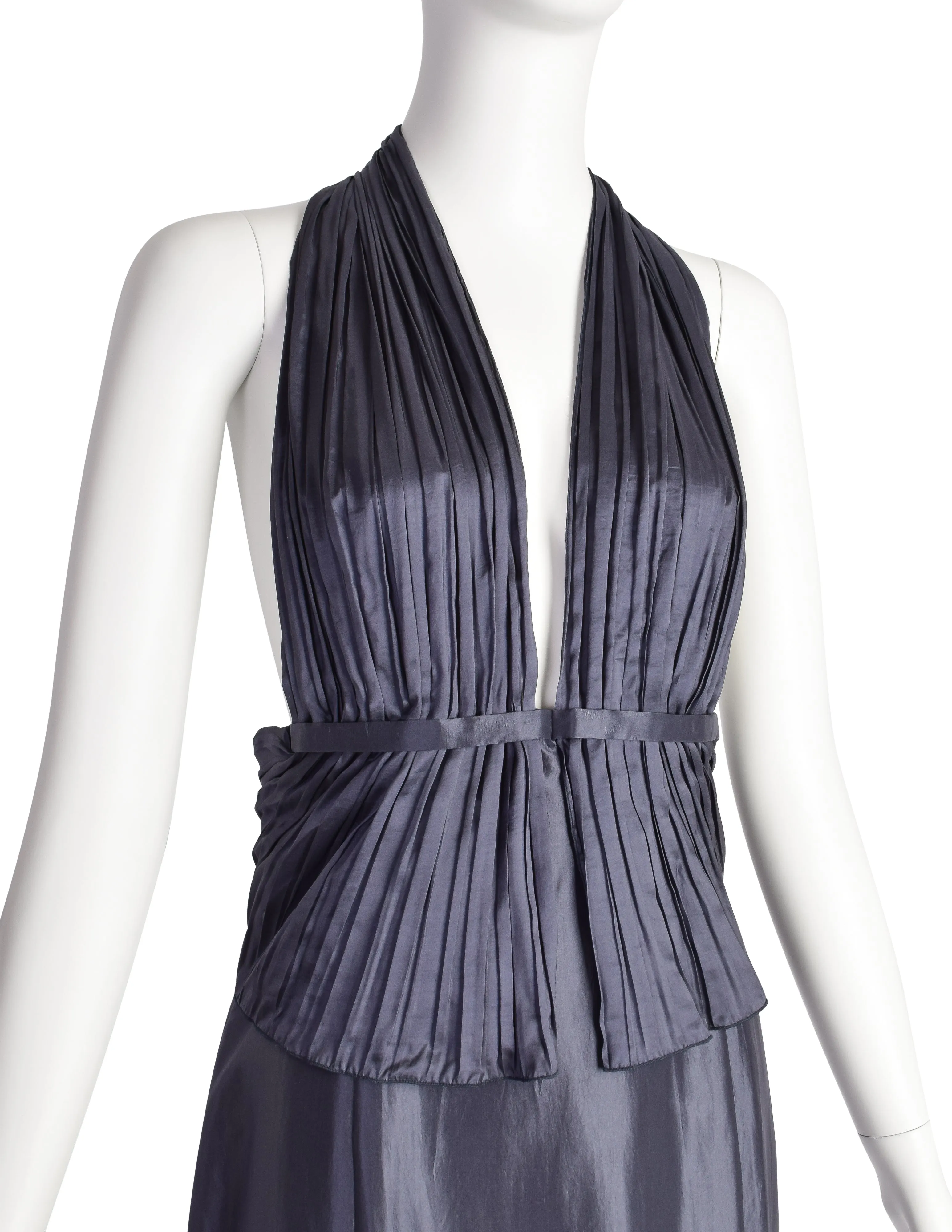 Giorgio Armani Vintage Stunning Graphite Silk Pleated Bodice Backless Full Length Halter Gown